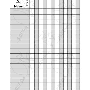 May include: Black and white printable checklist with a grid of squares. The top left corner has a box with a checkmark and the word "Name" below it. The word "Item" is written vertically. Stars are at the top and bottom.