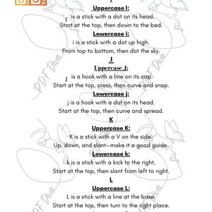 May include: A black and white printable worksheet with letter formation rhymes for uppercase and lowercase letters I, J, K, and L. The worksheet includes a visual representation of each letter and a rhyming phrase to help learn how to write each letter.
