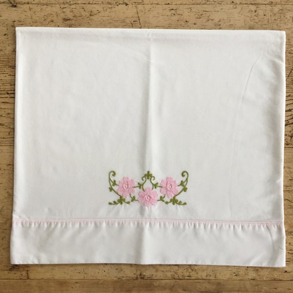 Vintage, embroidered, white cotton, single pillowcase, time for bed, sleep, bedroom bedding, pink flowers, green vine, Pink edging, homemade