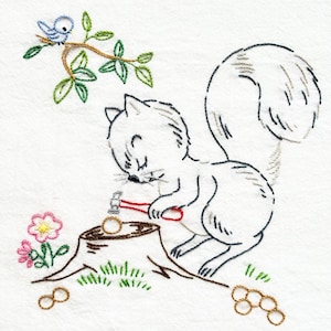 May include: A white fabric featuring an embroidered scene of a squirrel holding a small red hammer, working on a tree stump. A blue bird sits on a branch above, while pink flowers and small brown circular shapes are stitched near the base.