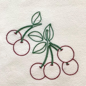 Hand Embroidered Cherry Flour Sack Towel: 100% Cotton Dish Towel