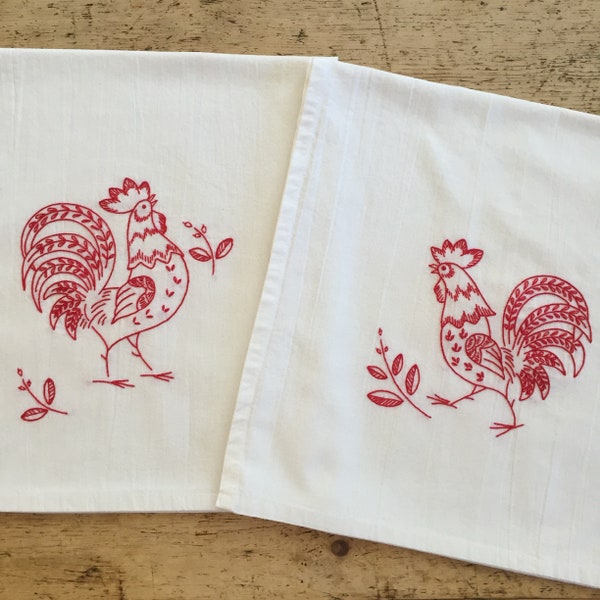 hand embroidered, flour sack dish tea, stitched towel, polishing cloth, drying rag, embroidery work, red rooster, chicken, useful gift idea