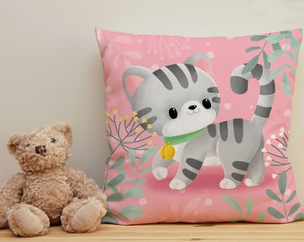 Coussin déco chat mignon rose personnalisé enfant bébé 45 cm illustration