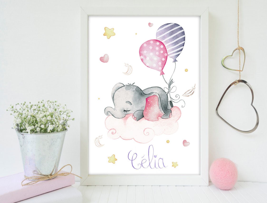 Affiche Illustration Aquarelle Chambre Bébé Mignon Elephant Personnalisable Impression Idée Cadeau N