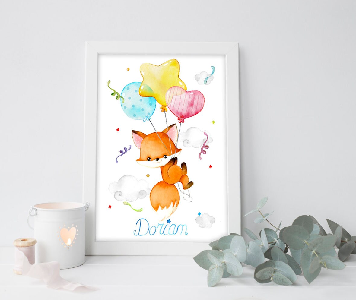 Affiche Illustration Aquarelle Chambre Bébé Mignon Renard Personnalisable Impression Idée Cadeau Nai