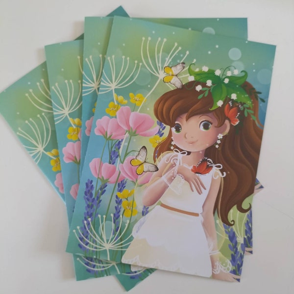 Carte postale double A5 Jeune fille et fleurs mignon cadeau enfant anniversaire