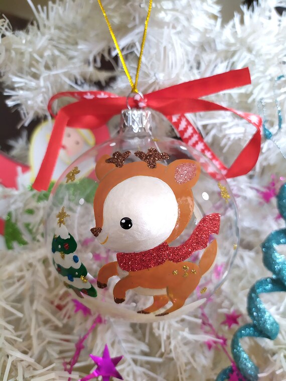 Hand Painted Christmas Ball Transparent Glass 10 Cm Customizable Little Reindeer Name My First Christmas Glitter Baby Gift