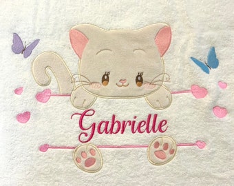 Serviette brodée personnalisée prénom enfant bébé Chaton Drap de bain 140 x 70 cm coton