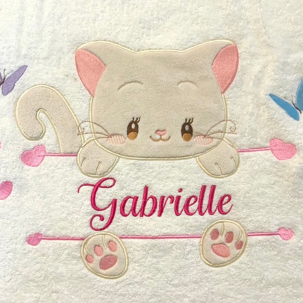 Serviette brodée personnalisée prénom enfant bébé Chaton Drap de bain 140 x 70 cm coton