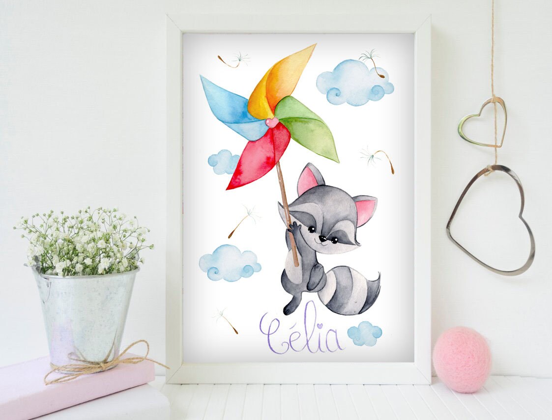 Affiche Illustration Aquarelle Chambre Bébé Mignon Raton Laveur Personnalisable Impression Idée Cade