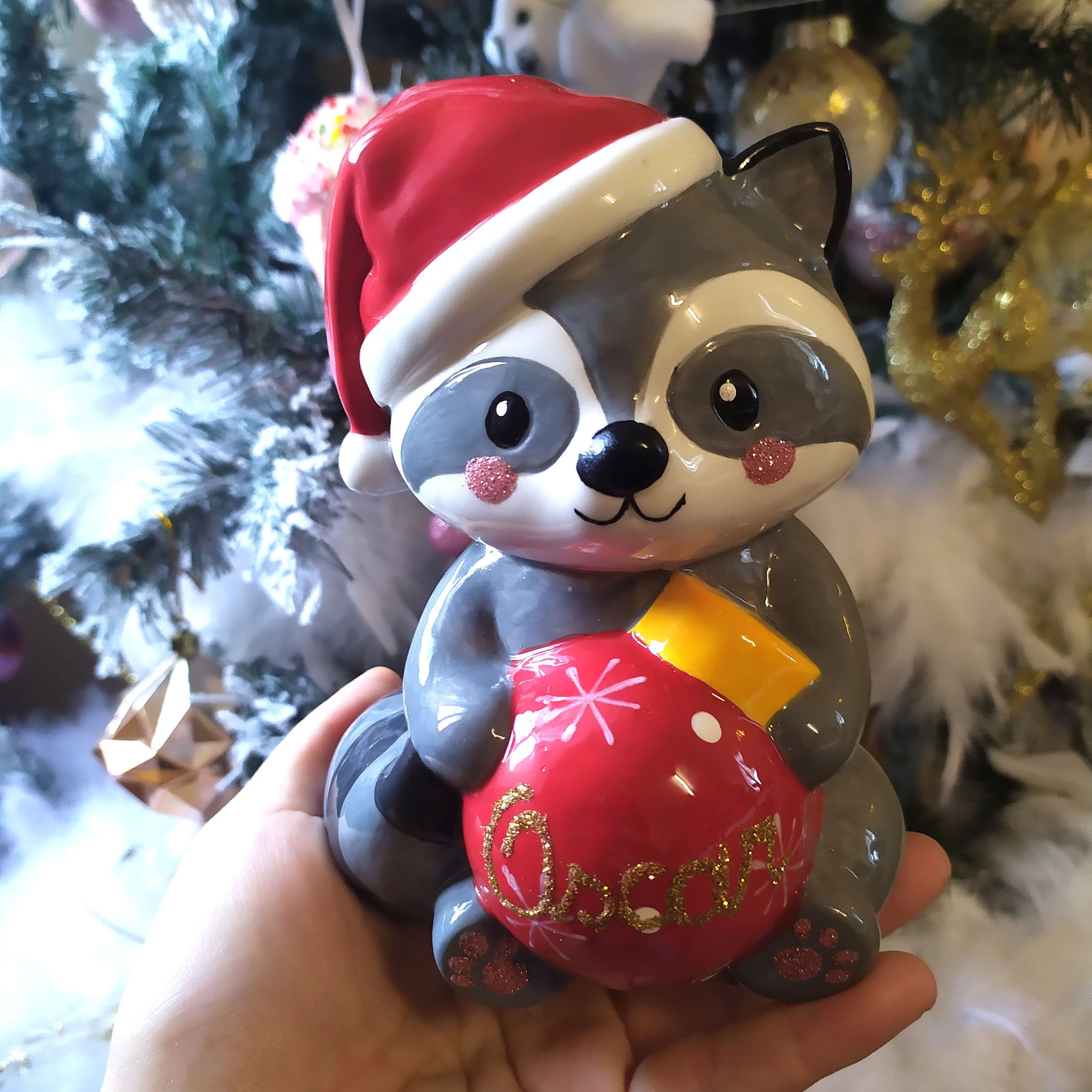 Tirelire Céramique Raton Laveur Noël Personnalisable Prénom Paillettes Cadeau Enfant Mignon