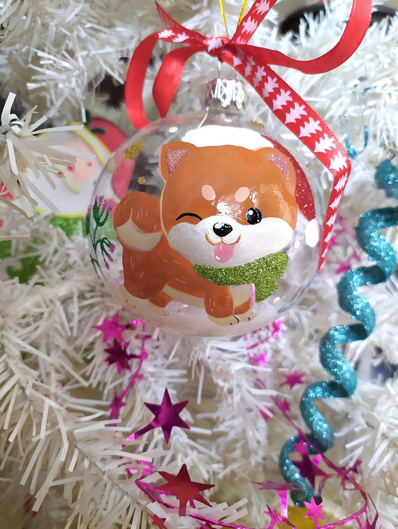 Peint à La Main Boule De Noel Verre Transparente 10 Cm Personnalisable Prénom Chien Shiba Inu Mon Premier Noel Paillettes Cadeau Bébé