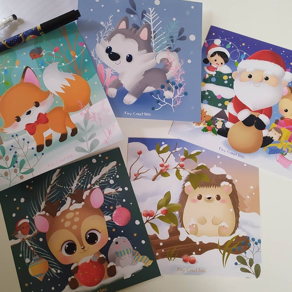 Cartes postales Noël carrées animaux mignons 15x15 cm 5 modèles père Noël fêtes hiver cadeau enfant