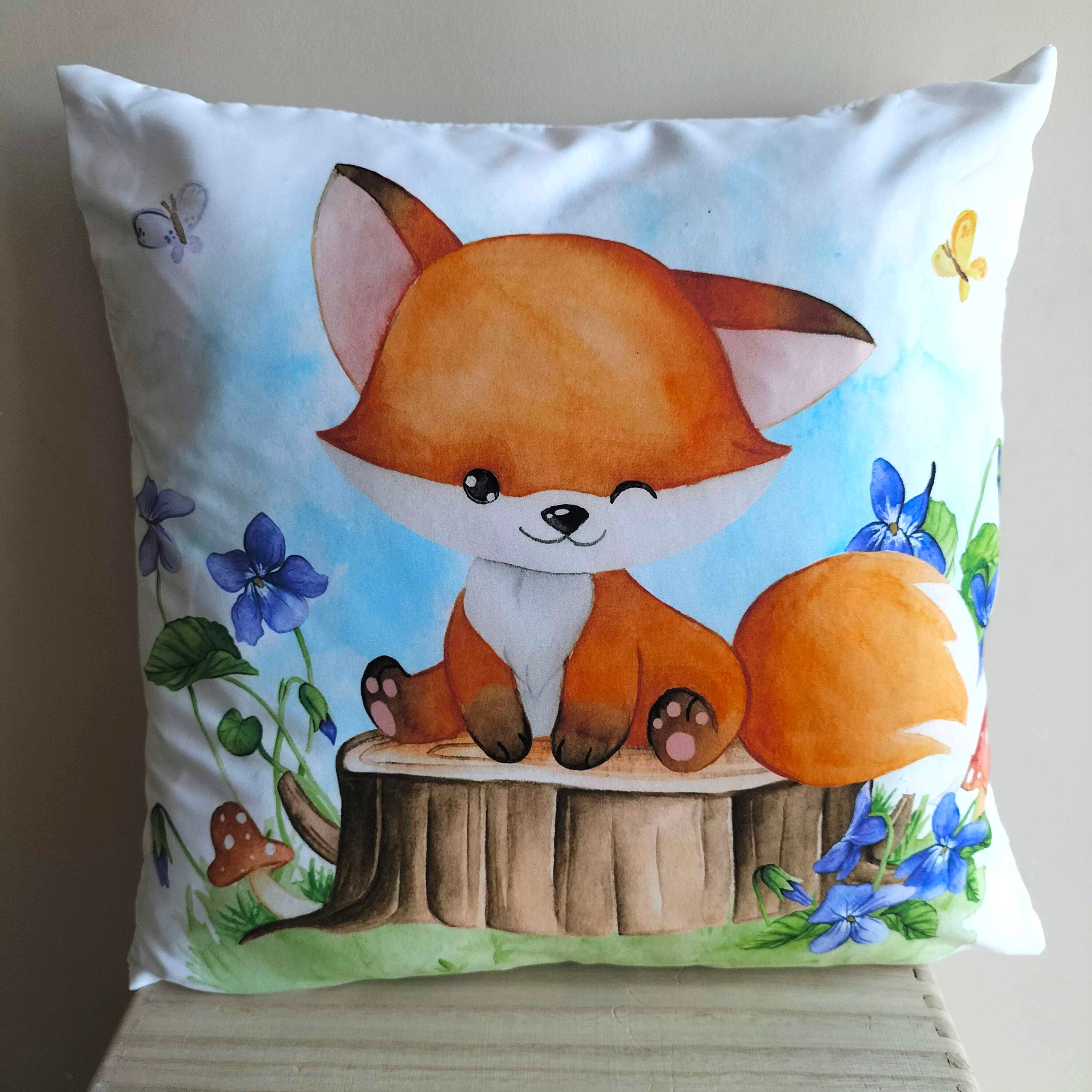 Coussin 45 cm Renard Personnalisable Prénom Aquarelle Mignon Naissance Cadeau Enfant