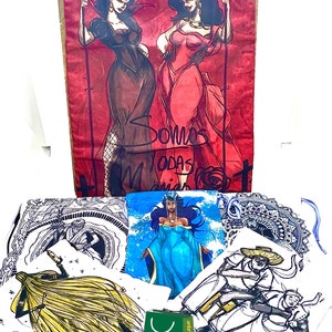 May include: A set of four white fabric bags with colorful illustrations. The bags feature a woman in a blue dress, a woman in a yellow dress, a man playing a drum, and two women in red dresses. The bags have the text "Somos Todas Mães" printed on them.