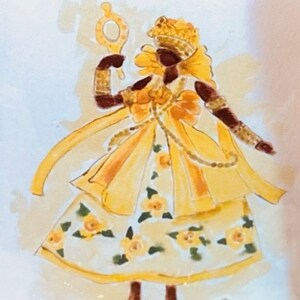 May include: A hand-painted ceramic tile featuring a woman in a yellow dress with floral details, holding a mirror. The woman is wearing a crown and a yellow sash. The tile is signed "Oyure".