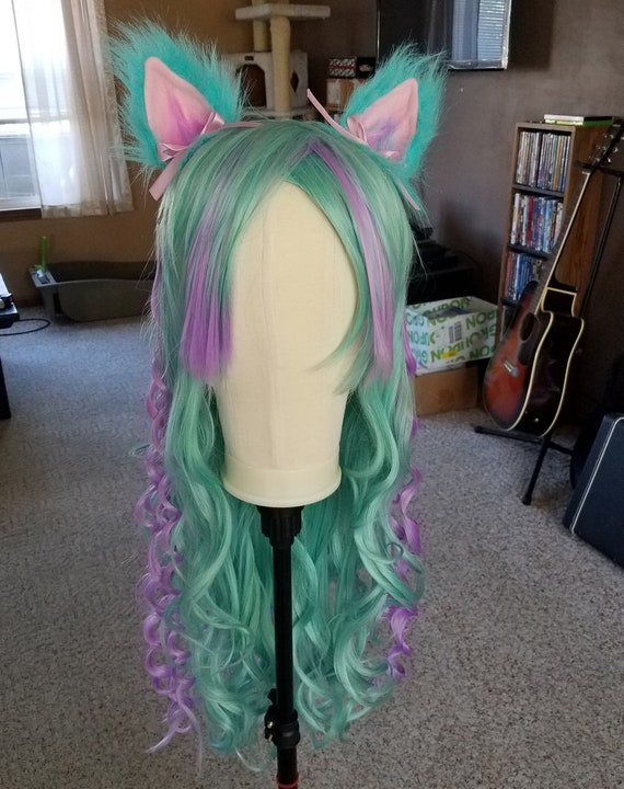 Unique Cotton Candy Pastel Rainbow Wig With Cat Ears Etsy