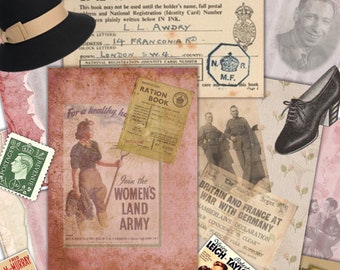 Junk Journal Kit WW2 Vintage 30 Pieces, Printable JPEG Commercial Use