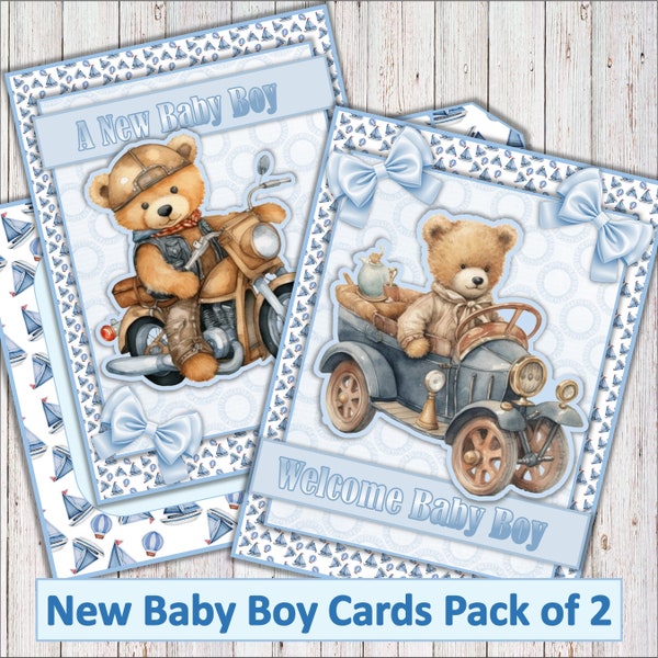 New Baby Boy Card Making Kit Pack of Two. 5" x 7" card with decoupage, inserts and envelope JPEG and PDF