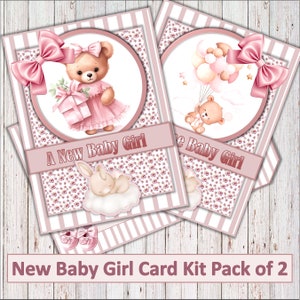 Nuovo kit per realizzare biglietti per bambina, confezione da due. Biglietto 5" x 7" con decoupage, inserti e busta JPEG e PDF