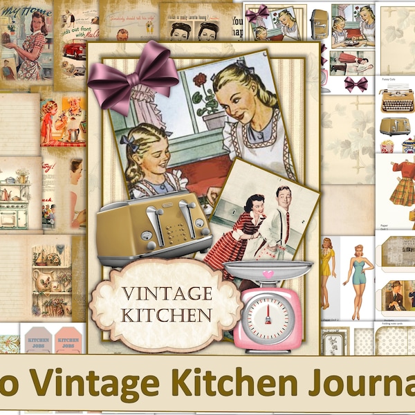 Kit de diario de cocina retro vintage imprimible con material efímero gratuito. Kit de parachoques JPEG y PDF