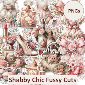 Shabby Chic Fussy Cuts, stickers for Journals and Scrapbooks Pink flowers, vintage boots, pretty dresses. PNG files