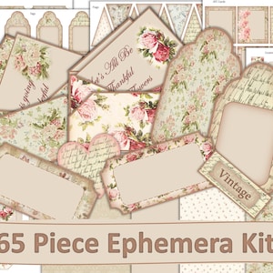 Printable Journal or Scrapbook Ephemera Kit. 65 Pieces. Shabby Chic, JPEG PDF and PNG