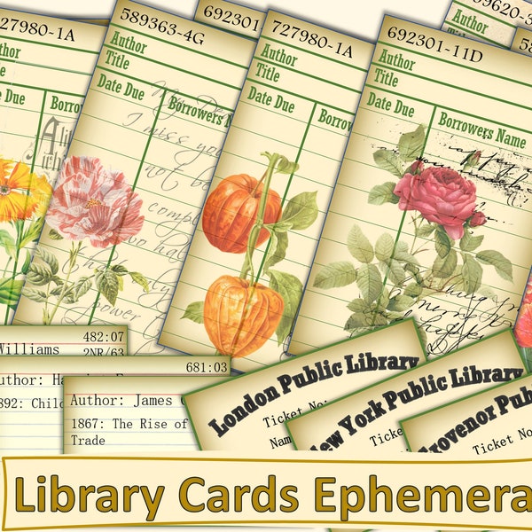 Printable Vintage Library Card Ephemera For Journals, Scrapbooks card making. With Free Pocket. JPEG, PNG and PDF. Commercial Use