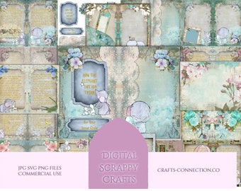 50 Page Printable Junk Journal Kit with ephemera, collage, tags and pockets. Elephant Theme Plus FREE PNG files Commercial Use