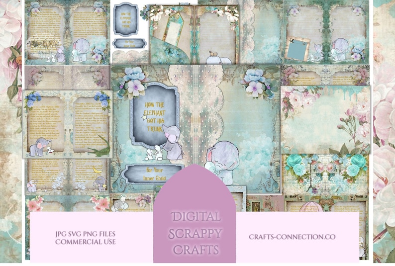 50 page imprimable junk journal kit avec éphémères, collage, étiquettes et poches. Elephant Theme plus gratuit PNG fichiers utilisation commerciale image 1