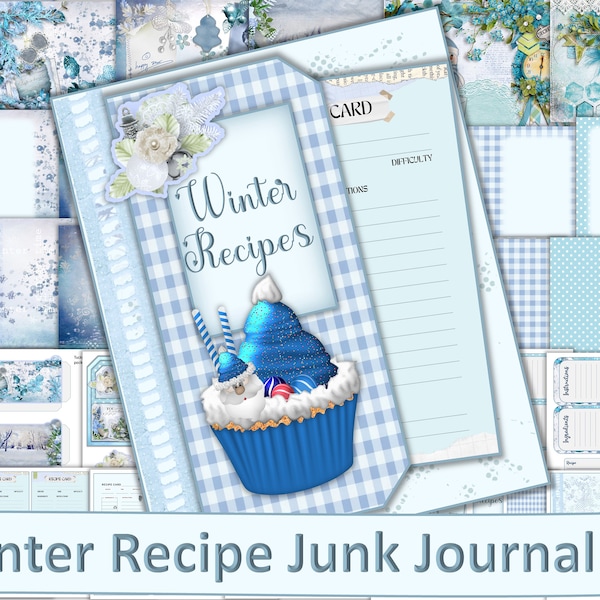 Printable Winter Recipe Journal Kit. 32 pages, with ephemera, recipe cards JPEG, PDF