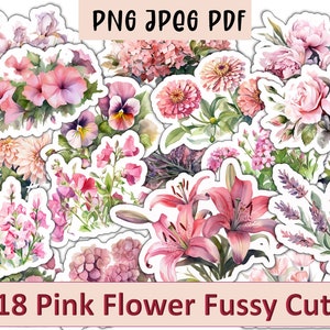 Printable Pink Flower Fussy Cut Flowers Ephemera for Journals and scrapbooks. With a free set of tags JPEG, PDF and Clipart PNG format.