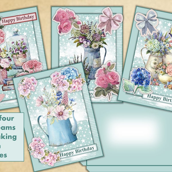 Printable Shabby Chic Card Making Kit, Four Birthday cards Decoupage, inserts, envelopes and tags. JPEG, PDF