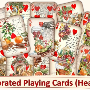 Printable Christmas Decorated Playing Cards Ephemera. 13 hearts cards. JPEG and PNG