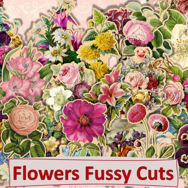 Printable Fussy Cut Flowers Ephemera for Journals and scrapbooks. With a free set of tags JPEG, PDF and Clipart PNG format. Commercial Use