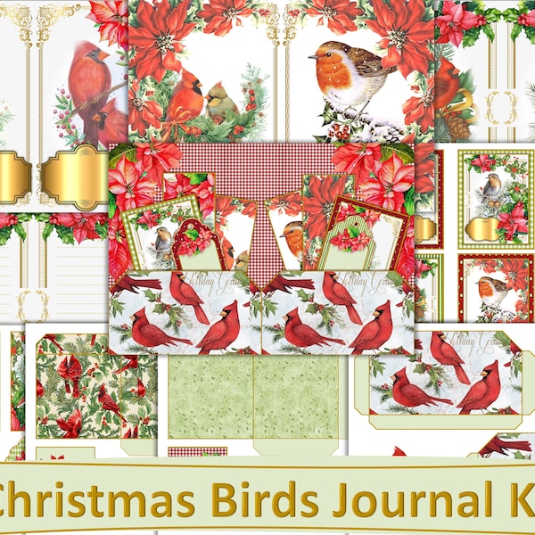 Printable Christmas Birds Journal Kit with Free Ephemera. JPEG, PDF and PNG Commercial use