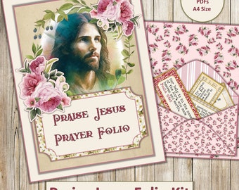 Printable Prayer Journal Folio Kit with Bible quotes, prayer cards, journal cards, pockets, Tags