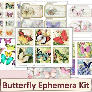 Kit de efímeras mariposas. Diarios, álbumes de recortes, cortes exigentes, imágenes prediseñadas, bolsillos, kit de 50 piezas de tarjetas ATC JPEG, Pdf y PNG. Uso comercial