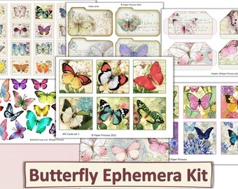 Butterfly Ephemera Kit. Journals, Scrapbooks, Fussy Cuts, Clipart, Pockets, 50 Piece Kit ATC Cards JPEG, Pdf and PNG. Commercial Use