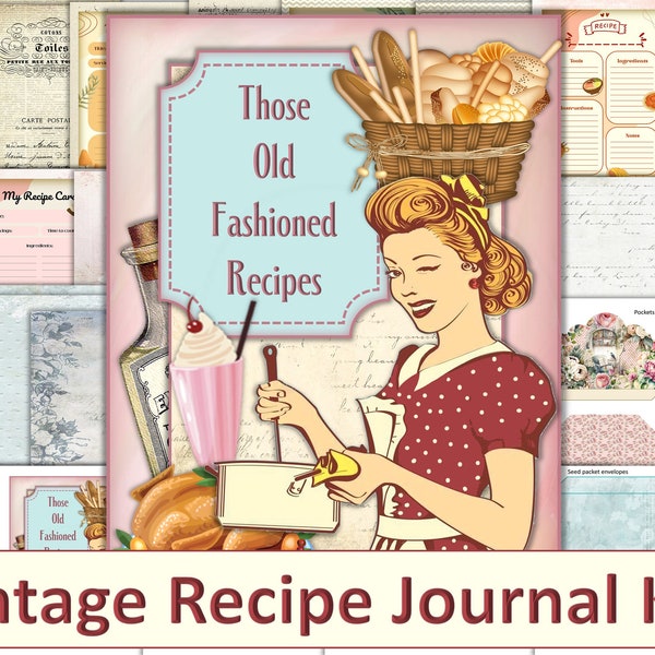 Printable Vintage Recipe Junk Journal Kit with free ephemera. PDF and JPEG