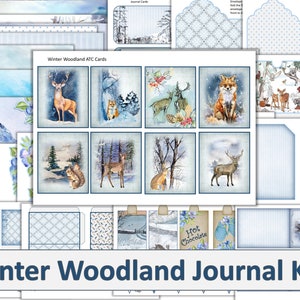 Printable Winter Woodland Junk Journal Kit. 80 pieces. 24 pages. JPEG and PDF.