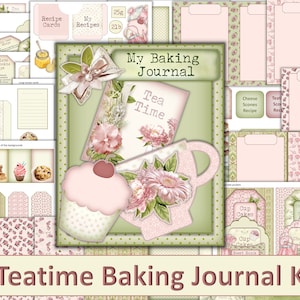 Printable Teatime Bakery Journal Kit with pockets, recipe cards, tags, fussy cuts, decoupage, envelope. JPEGs and PDF