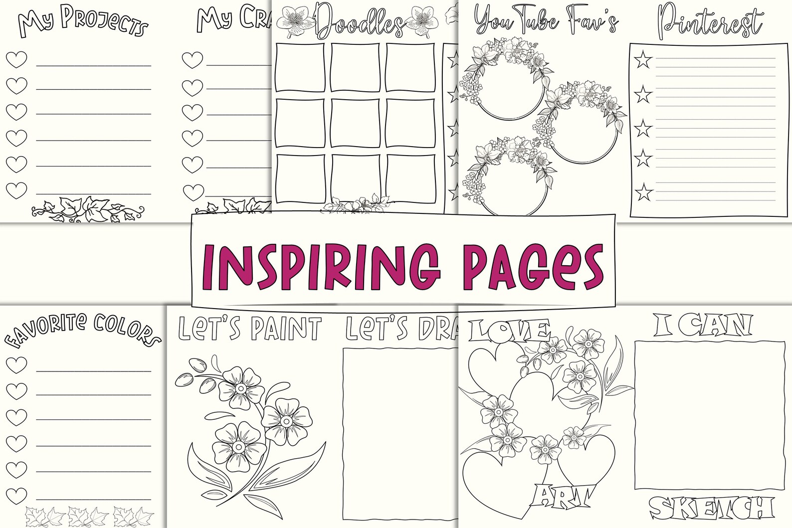 Printable Art Journal Kit colouring pages inspiration pages | Etsy