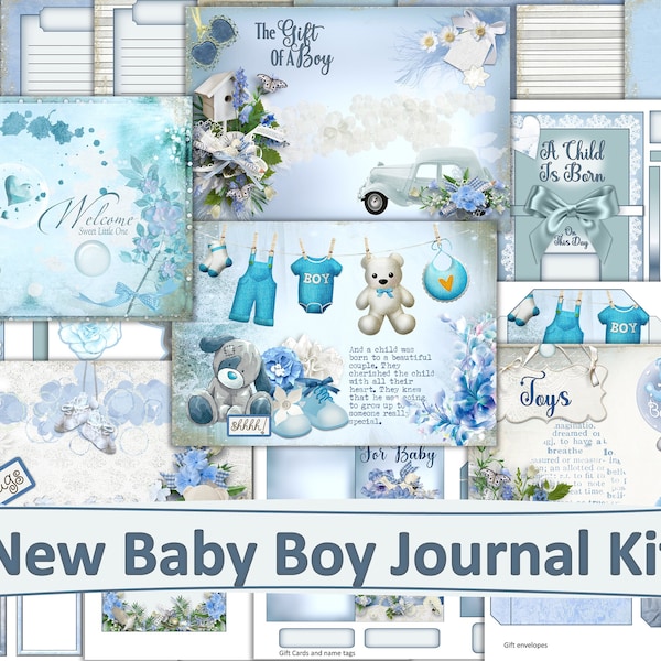 Printable New Baby Boy Journal Kit with Free Ephemera. 24 pages to print. JPEG and PDF