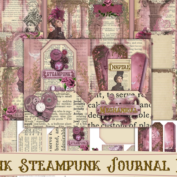 Printable Pink Steampunk Journal Kit with Free Ephemera JPEG, PDF and PNG Commercial Use