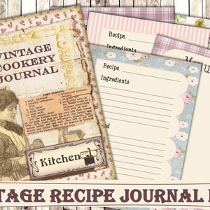 Printable Vintage Cookery Recipe Journal Kit with Free Ephemera. JPEG PDF. Commercial use