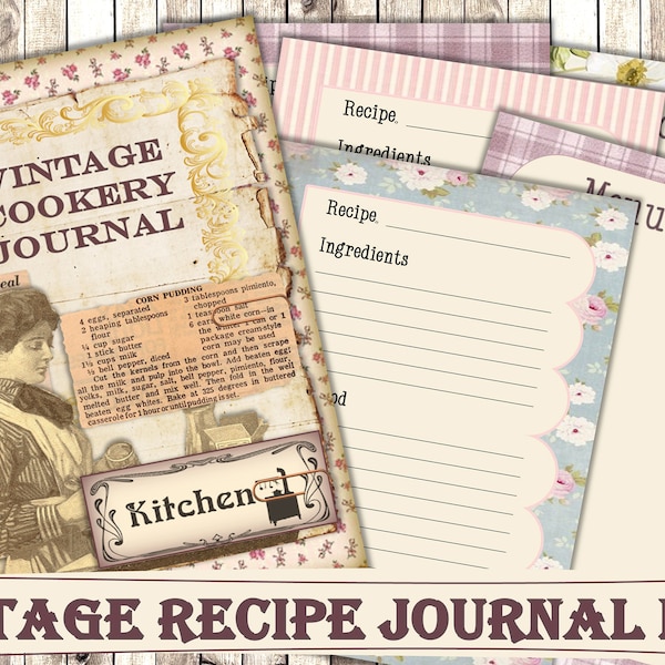 Printable Vintage Cookery Recipe Journal Kit with Free Ephemera. JPEG PDF. Commercial use