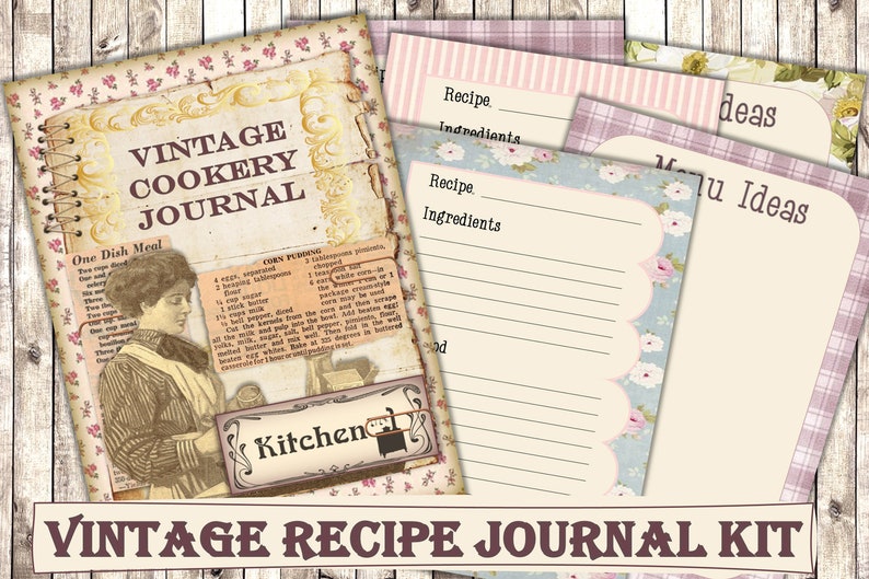 Printable Vintage Cookery Recipe Journal Kit with Free Ephemera. JPEG PDF. Commercial use 