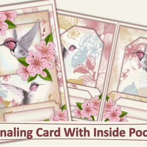 Printable Humming Bird Card Making Kit. Journal Card Folio with pockets, decoupage and card base JPEG and PDF