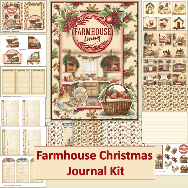 Christmas Farmhouse Recipe Journal Craft Kit with Pockets and Ephemera JPEG and PDF